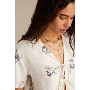 Lucky Brand Linen Tie Front Shirt Cream/Blue Short Sleeve Sz Large 2025 ONE TIE